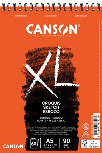 CANSON XL Sketch 90gsm A5 Paper, Fine Grain, Spiral Pad Long Side, 60 Ivory Sheets, Ideal for Professional Artists & Illustrators - size: 60S A5