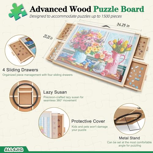 ALL4JIG 1500 Pieces 2-in-1 Tilting & Rotating Puzzle Board, 24.53" x 33.19"Adjustable Angle Puzzle Board with 4 Drawers & Clear Protective Cover, Birthday Gift for mom,with a Tabletop Easel-Style Tilt - color: Iron, size: Medium-1500pcs