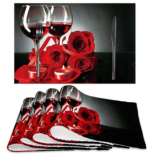 Red Wine Rose Candle Placemats Set of 4,Red and Black Table Place Mats Waterproof Burlap Washable Dining Placemats for Home Kitchen Decorations - color: Red Wine