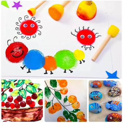 60 Pcs Round Paint Sponges Set, 5 Sizes Sponge Brushes for Painting, Sponge Paint Brushes for Acrylic Painting, Wooden Handle Craft Sponges for DIY, Crafts and Kids Arts - style: 60 Pcs Yellow