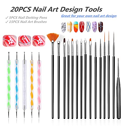 FULINJOY 20PCS Nail Art Design Tools, 15PCS Painting Brushes Set (Black) with 5PCS Dotting Pens - color: 20pcs - black