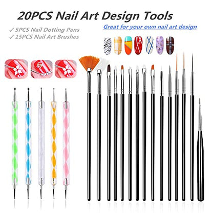 FULINJOY 20PCS Nail Art Design Tools, 15PCS Painting Brushes Set (Black) with 5PCS Dotting Pens - color: 20pcs - black