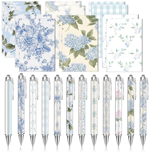 Motiskyy 24 Pcs Hydrangea Blue and White Floral Journal Pens Pastel Floral Patterns Ballpoint Pens Grandmillennial Aesthetic Notepads Set Line Notebook for Employee Gift Student School Office Supplies - style: Blue and White Floral
