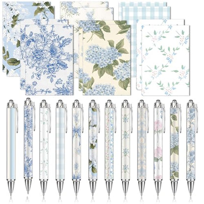 Motiskyy 24 Pcs Hydrangea Blue and White Floral Journal Pens Pastel Floral Patterns Ballpoint Pens Grandmillennial Aesthetic Notepads Set Line Notebook for Employee Gift Student School Office Supplies - style: Blue and White Floral