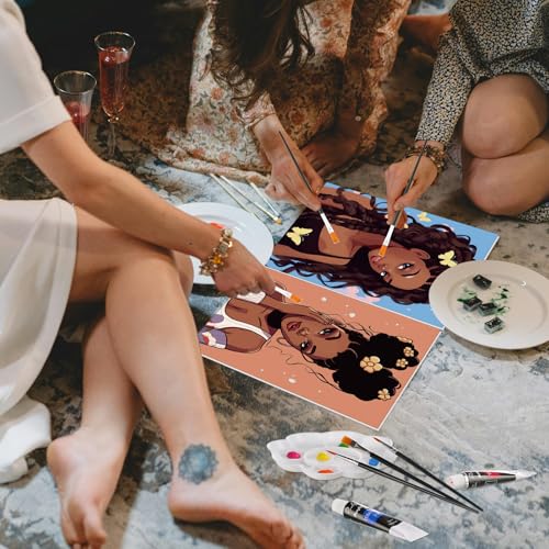 Cholemy 36 Pcs Paint and Sip Kit for Adults 8''x10'' Pre Drawn Canvas for Painting DIY Afro Acrylic Painting Kit Wood Easel Brushes Date Night Bulk for Summer 4th of July Party Gift(Sunshine Lady) - style: Sunshine Lady
