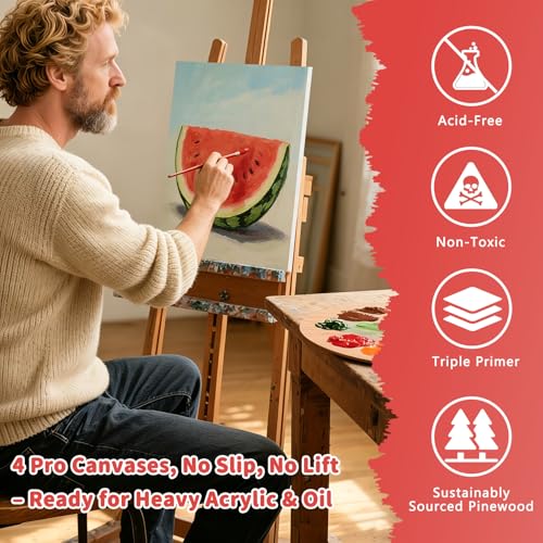 Stretched Canvas Cotton Linen for Oil & Heavy Acrylics 4-Pack 12x16 | 400gsm cotton linen, triple gesso, gallery wrap deep frame, Warp-Resistant, professional quality