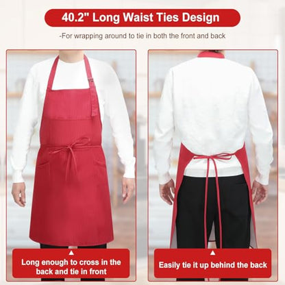 SHEOMERN 3 Pcs Dual Waterproof Oilproof Kitchen Chef Aprons with 4 Pockets for Men Women, Adjustable Soft Anti-Tear Cooking Bib Apron for Baking Grilling BBQ Painting Cleaning (Red) - color: Red