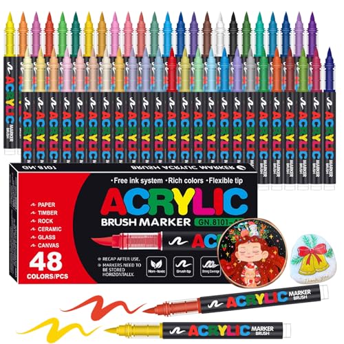 Amamao Acrylic Paint Markers, Soft Brush Tip Pens and Markers, Acrylic Paint Pens for Wood, Stone, Canvas, Glass, Fabric, Egg, Rock Painting and DIY Crafts Art Supplies (48) - style: 48 BOX