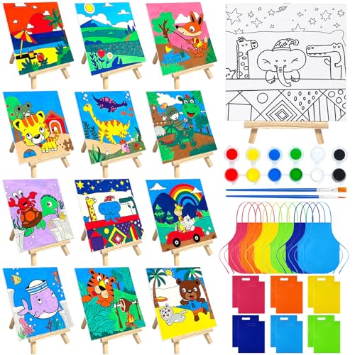 SytuHete 48PCS 12 Sets Printed Canvas Paint Art 12 Pcs Wooden Easel Set Paint Pots and Brushes and 12 Pre Drawn Canvas Panel 12 Pcs Mini Apron and Tote Bag for Kids(Classic) - style: Classic