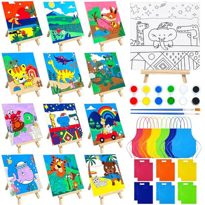 SytuHete 48PCS 12 Sets Printed Canvas Paint Art 12 Pcs Wooden Easel Set Paint Pots and Brushes and 12 Pre Drawn Canvas Panel 12 Pcs Mini Apron and Tote Bag for Kids(Classic) - style: Classic