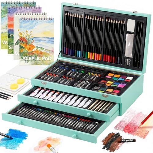 194 Piece Deluxe Art Set, Painting Drawing Art Supplies with 4 Drawing Pads, Acrylic Paints, Crayons, Colored Pencils Set in Wooden Case, Art Kit Gift Box for Kids, Teens, Adults, Artists, Beginners - color: Blue