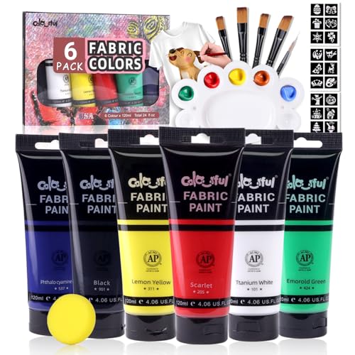 Colorful 6 Colors Permanent Fabric Paint for Furniture, 4 oz (120 ml) Fabric Paint for Clothes, Soft Rich Pigment Non-Toxic Textile Paint for Fabric DIY Crafts T-shirts Shoes Jeans DIY for Adult - color: 6 colors, size: 4 Fl Oz (Pack of 6)