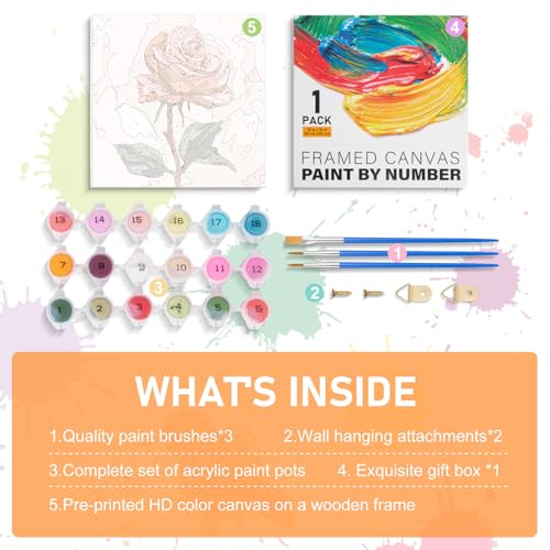 Offito Framed Paint by Numbers Kit for Adults Beginners & Kids Ages 8-12, Rose Flower Acrylic Easy Paint by Number with Frame, Paint by Number Kits on Canvas Framed (10 * 10 Inch, Without Easel) - color: BOP1PF12, size: 10 x 10 Inch