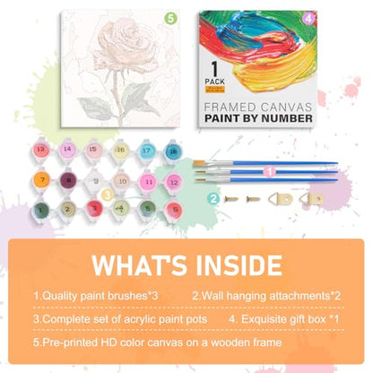 Offito Framed Paint by Numbers Kit for Adults Beginners & Kids Ages 8-12, Rose Flower Acrylic Easy Paint by Number with Frame, Paint by Number Kits on Canvas Framed (10 * 10 Inch, Without Easel) - color: BOP1PF12, size: 10 x 10 Inch