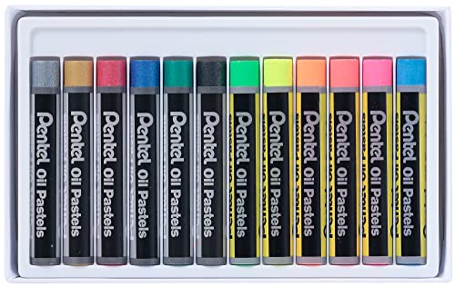 Pentel Fluorescent and Metallic Oil Pastels Set of 12 Assorted Colours, PHN-MF12