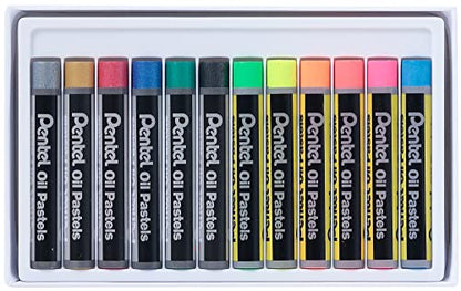Pentel Fluorescent and Metallic Oil Pastels Set of 12 Assorted Colours, PHN-MF12