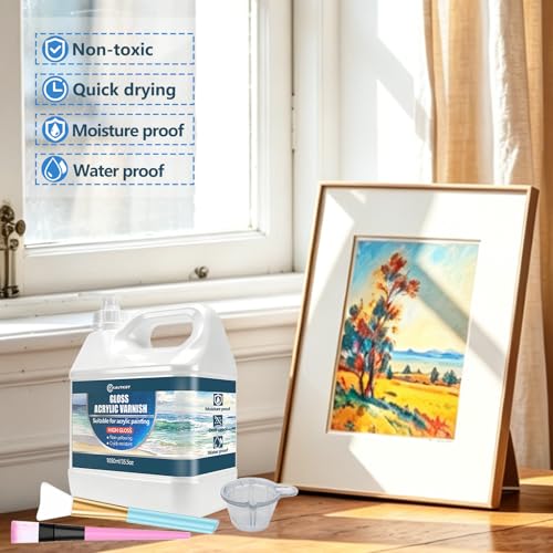 Large Gloss Acrylic Varnish with Pump, High Gloss Clear Sealer for Acrylic Paintings, Quick-Dry Water-Based Non-Toxic, UV & Yellowing Protection, Multi-Surface with Bonus Brush (1050ml) - size: 1050ml