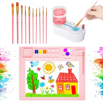 Painting Station, Paint Brush Cleaner (Pre-Assembled) and Silicone Painting Mat 20"X16" Silicone Art Mat with 10 Paint Brushes for Artist Kids Adults Birthday Gifts (Pink) - color: Pink