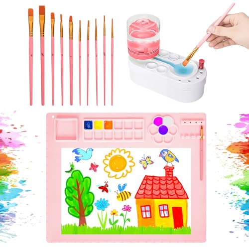 Painting Station, Paint Brush Cleaner (Pre-Assembled) and Silicone Painting Mat 20"X16" Silicone Art Mat with 10 Paint Brushes for Artist Kids Adults Birthday Gifts (Pink) - color: Pink