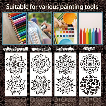 12 Sheets Mandela Painting Stencils, 24 Styles Mandela Dot Drawing Templates Reusable Geometric Border Stencil for Painting on Wall Wood Home Decor - style: Mandela