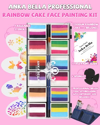 Anka Bella Professional Face Painting Kit for Kids,12X10gm Water Activated Rainbow Cake Face Paint with Stencil & Brushes,Hypoallergenic & Non-Toxic,Gift for Birthday Parties/Halloween/Carnival - color: Rainbow Valley set