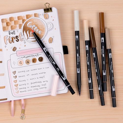 Tombow 56241 Dual Brush Pen Art Markers, Coffee Break, 6-Pack, Water-Based Ink, for Hand Lettering, Watercolor, Fine Art