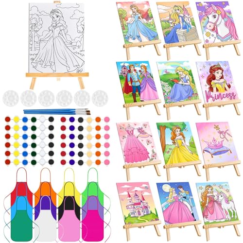 Ireer 12 Set Paint Party Set 8 x 10 Sip and Paint Kit Include 12 Printed Pre Drawn Canvas Panel, Wooden Easels, Palettes, Pots, Apron 36 Brushes for Adult Art DIY Party(Princess) - style: Princess