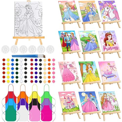 Ireer 12 Set Paint Party Set 8 x 10 Sip and Paint Kit Include 12 Printed Pre Drawn Canvas Panel, Wooden Easels, Palettes, Pots, Apron 36 Brushes for Adult Art DIY Party(Princess) - style: Princess