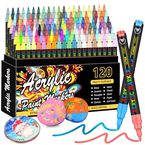 120 Colors Acrylic Paint Markers, Extra Fine Tip for Rock Painting, Canvas, Wood, Ceramic, Glass - Quick-Dry & Non-Toxic