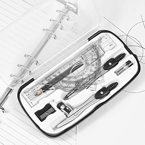 Unjoo Math Geometry Kit Sets 10 Piece Student Supplies with Shatterproof Storage Box,Includes Rulers,Protractor,Compass,Eraser,Pencil Sharpener,Lead Refills,Pencil,for Drafting and Drawings（Black） | Shatterproof Storage Box,Rulers,Protractor,Compass,Erase