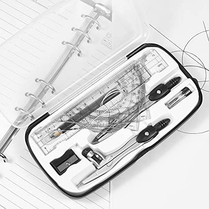 Unjoo Math Geometry Kit Sets 10 Piece Student Supplies with Shatterproof Storage Box,Includes Rulers,Protractor,Compass,Eraser,Pencil Sharpener,Lead Refills,Pencil,for Drafting and Drawings（Black） | Shatterproof Storage Box,Rulers,Protractor,Compass,Erase