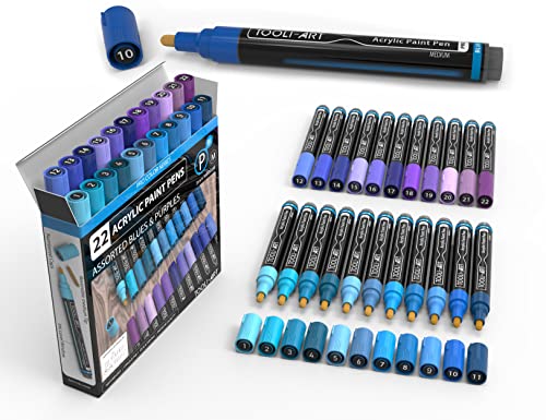 TOOLI-ART 22 Acrylic Paint Markers Paint Pens Pro Color Series Set 3mm Medium Tip for Rock Painting, Glass, Mugs, Wood, Metal, Glass Paint, Canvas, DIY. Non Toxic, Waterbased, Quick Drying (BLUES) - color: BLUES