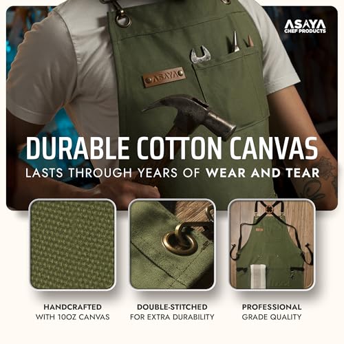 Asaya Chef and BBQ Apron with Bottle Opener and Hand Towel - 10oz Cotton Canvas, Stainless Steel Hardware - Cross Back Straps - color: Green