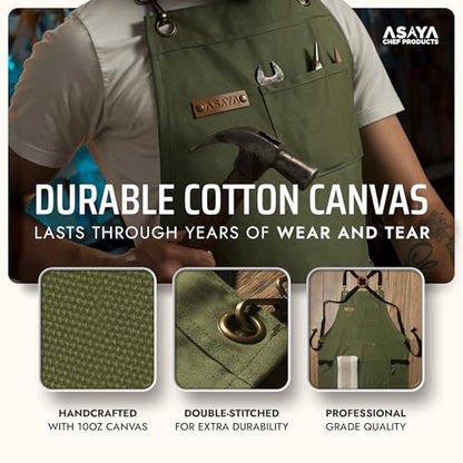 Asaya Chef and BBQ Apron with Bottle Opener and Hand Towel - 10oz Cotton Canvas, Stainless Steel Hardware - Cross Back Straps - color: Green