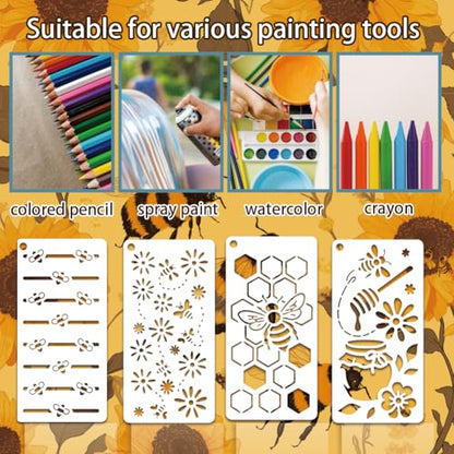 12 Sheets Bee Theam Stencils for Painting, 12 Styles Bees Beehive Honey Pot Flower Drawing Template Plastic Art Templates for Painting on Wall Wood Home Decor - style: Bee Theam