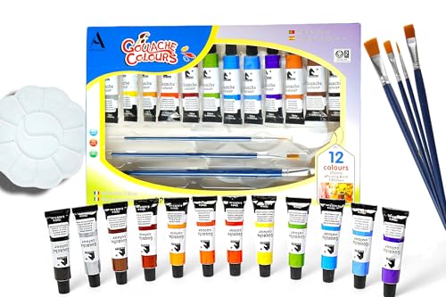 12 x 12ml Gouache Paint Set with 4 Free Paint Brushes - Acid-Free, Non-Toxic Multicolored Artists' Gouache Colors for Mixed Media Painting - color: Gouache 12ml x 12 + 4 PB + 1 Palette