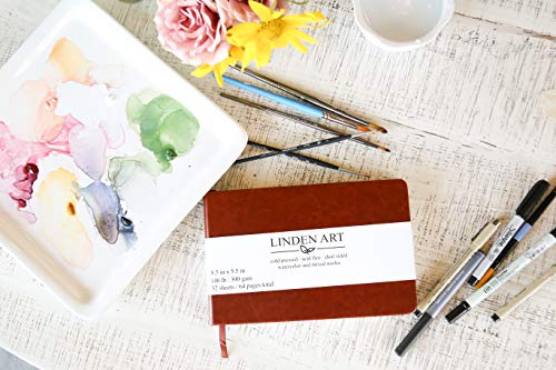 Linden Art Watercolor Journal, 140 lb (300 GSM), 64 Cold Pressed 8.5"x5.5" Pages, Watercolor and Mixed Media Travel Journal, Brown PU Leather Hard Cover Art Book