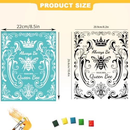2 Sheets Queen BEE Silkscreen Stencil, European Style Painting Stencils Templates Reusable Self-Adhesive Silk Screen Printing for Wall Border Wood Fabric Home Craft Decor - style: Queen BEE