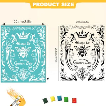 2 Sheets Queen BEE Silkscreen Stencil, European Style Painting Stencils Templates Reusable Self-Adhesive Silk Screen Printing for Wall Border Wood Fabric Home Craft Decor - style: Queen BEE