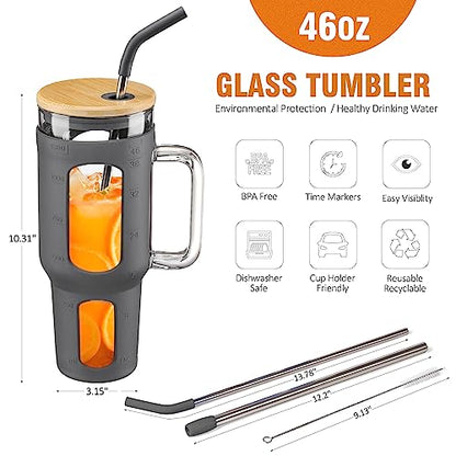 WINSA Glass Tumbler with Lid and Straw, 46 oz Iced Coffee Cup with Handle, Large Water Bottles with Silicone Sleeve, Glass Cup with Straws - Pearl Straw & Drinking Straw BPA Free-Grey - color: Gray, size: 46 Ounces