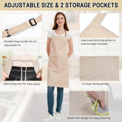 Chef Apron for Men and Women Wash Free Bib Apron with 2 Pockets Water & Oil Proof Adjustable Aprons - color: Khaki