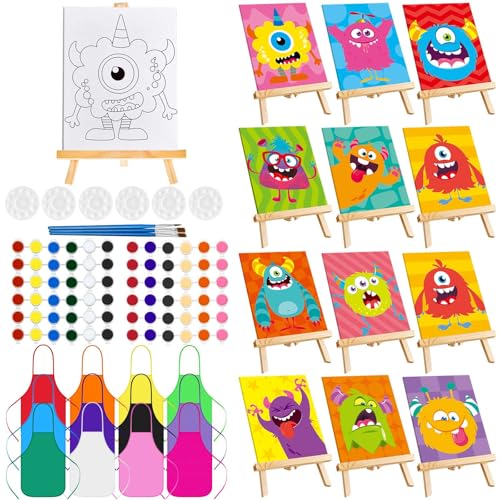 Ireer 12 Set Paint Party Set 8 x 10 Sip and Paint Kit Include 12 Printed Pre Drawn Canvas Panel, Wooden Easels, Palettes, Pots, Apron 36 Brushes for Adult Art DIY Party(Monsters) - style: Monsters