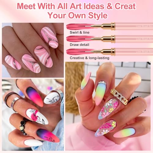 MUIIGOOD Nail Art Liner Brushes, 5Pcs Liner Brush For Nails, Painting Nail Art Brush Set Dotting Drawing Tool for Long Lines, Thin Details, UV Gel Polish Painting, Fine Drawing 7/9/11/15/25mm(Pink) - color: Pink