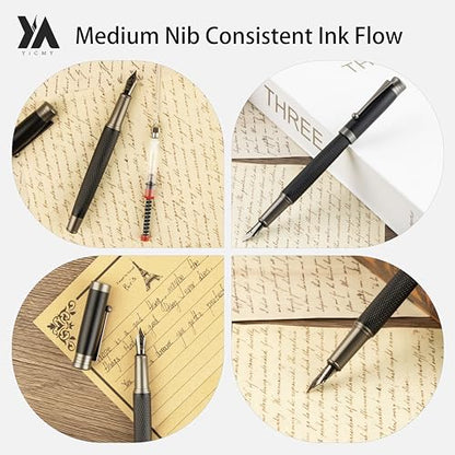 Fancy Fountain Pen Set – Fine & Medium Nibs, Includes 18 Ink Cartridges, Ink Converter, Syringe Filler, Luxury Gift for Writing, Journaling & Calligraphy，Black - color: Black