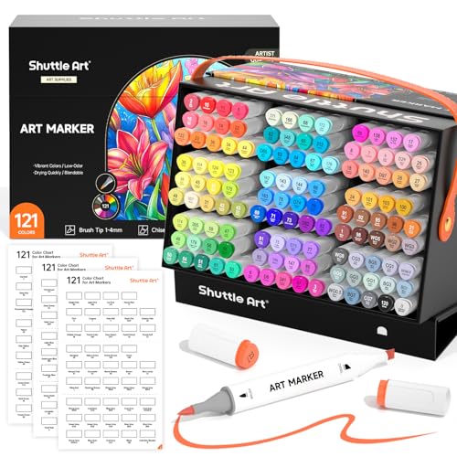 Shuttle Art Brush Tip Alcohol Markers, Dual Tip Brush & Chisel Tip Art Marker Set, 121 Colors Marker Pens with Organized Case Perfect for Illustration Students Adults Coloring Sketching - color: 121 Colors Brush & Chisel Tip