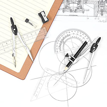 Unjoo Math Geometry Kit Sets 10 Piece Student Supplies with Shatterproof Storage Box,Includes Rulers,Protractor,Compass,Eraser,Pencil Sharpener,Lead Refills,Pencil,for Drafting and Drawings（Black） | Shatterproof Storage Box,Rulers,Protractor,Compass,Erase