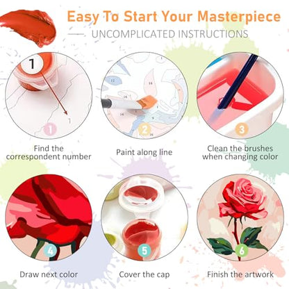 Offito Framed Paint by Numbers Kit for Adults Beginners & Kids Ages 8-12, Rose Flower Acrylic Easy Paint by Number with Frame, Paint by Number Kits on Canvas Framed (10 * 10 Inch, Without Easel) - color: BOP1PF12, size: 10 x 10 Inch