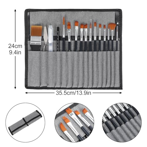 Paint Brushes Set, Nylon Hair Artist Brushes with Wide Flat, Round, Filbert, Flat, Fan, Angle,Palette Knife for Acrylic Oil Watercolor,Black Handle,16PCS