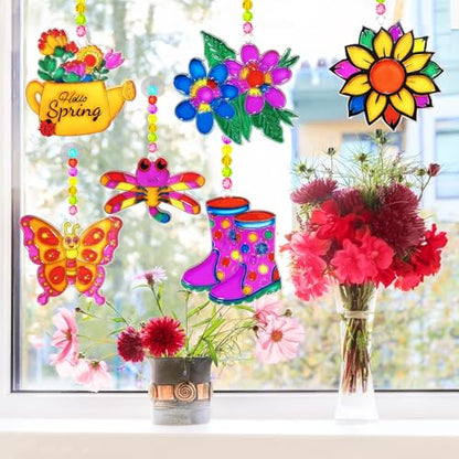 Ayhuhra 30 Sets Spring Flower Suncatcher Craft Kit Butterfly Sun Catcher DIY Window Paint Art Suncatcher Kits for Spring Summer Easter Party Activities Art Project Party Favors - style: Flower