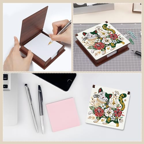 Diamond Painting Kit memo Box, Diamonds Art DIY Cat and Flowers Patterns Sticky Note Box Special Shape Drill, with 160 Sticky Note, Ideal for Home Office Supplies, Handicrafts, Holiday Gifts - color: Cat and flowers